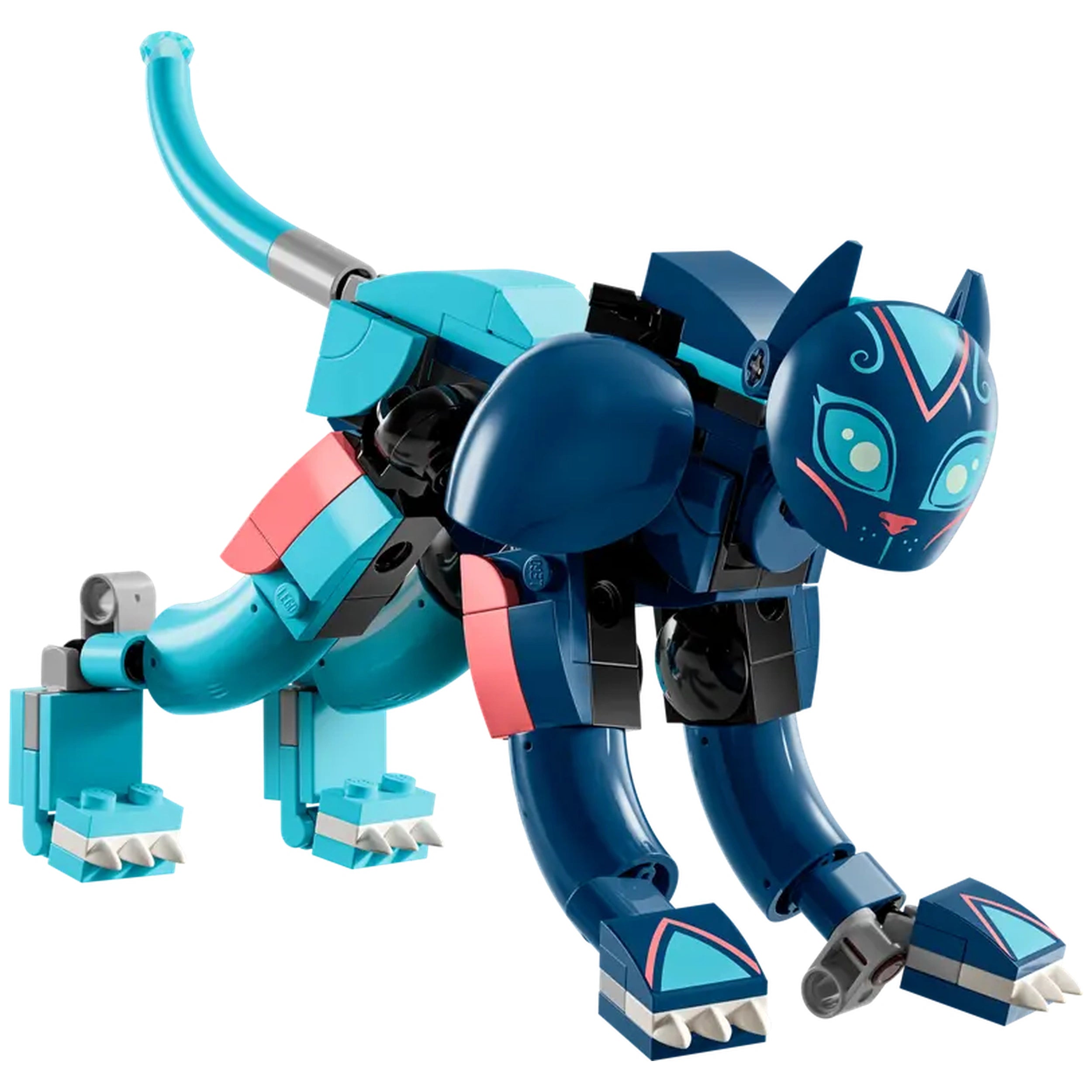 Posable LEGO® DREAMZzz™ cat in blue and teal colors, featuring pink accents and a playful expression, ready for imaginative adventures.