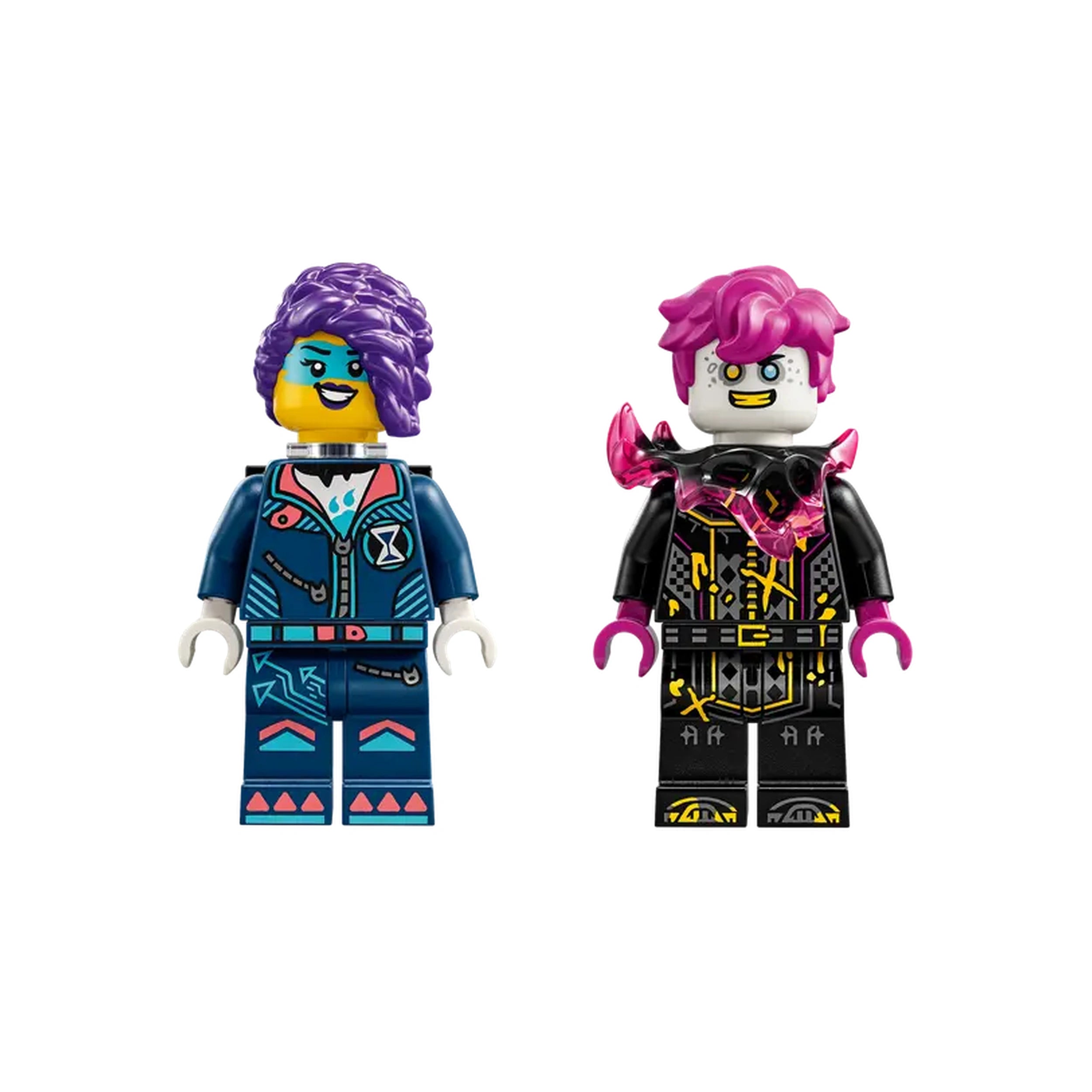 Two colorful LEGO minifigures from the DREAMZzz series, featuring Zoey in a blue outfit with purple hair and an antagonist in a black outfit with pink hair.