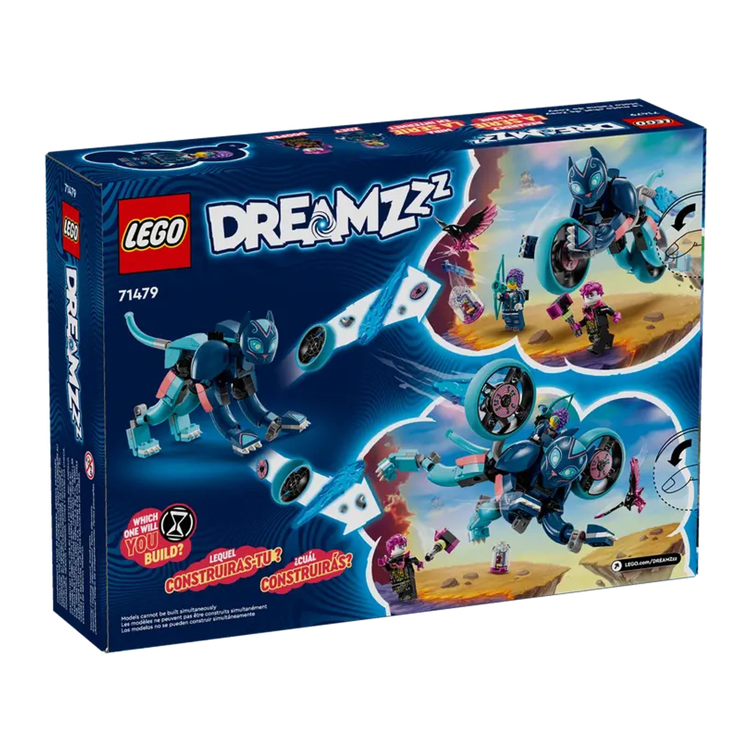 LEGO® DREAMZzz™ Zoey's Cat Motorcycle set box, featuring a blue cat character and two construction options, with colorful adventure scenes.
