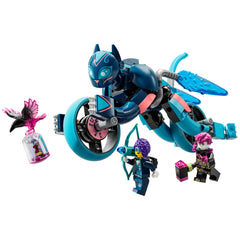 LEGO® DREAMZzz™ Zoey’s Cat Motorcycle set features a blue cat-like motorcycle with wheels and two characters beside it, one holding a bow. A pink and black raven floats nearby, entangled in a glass jar.