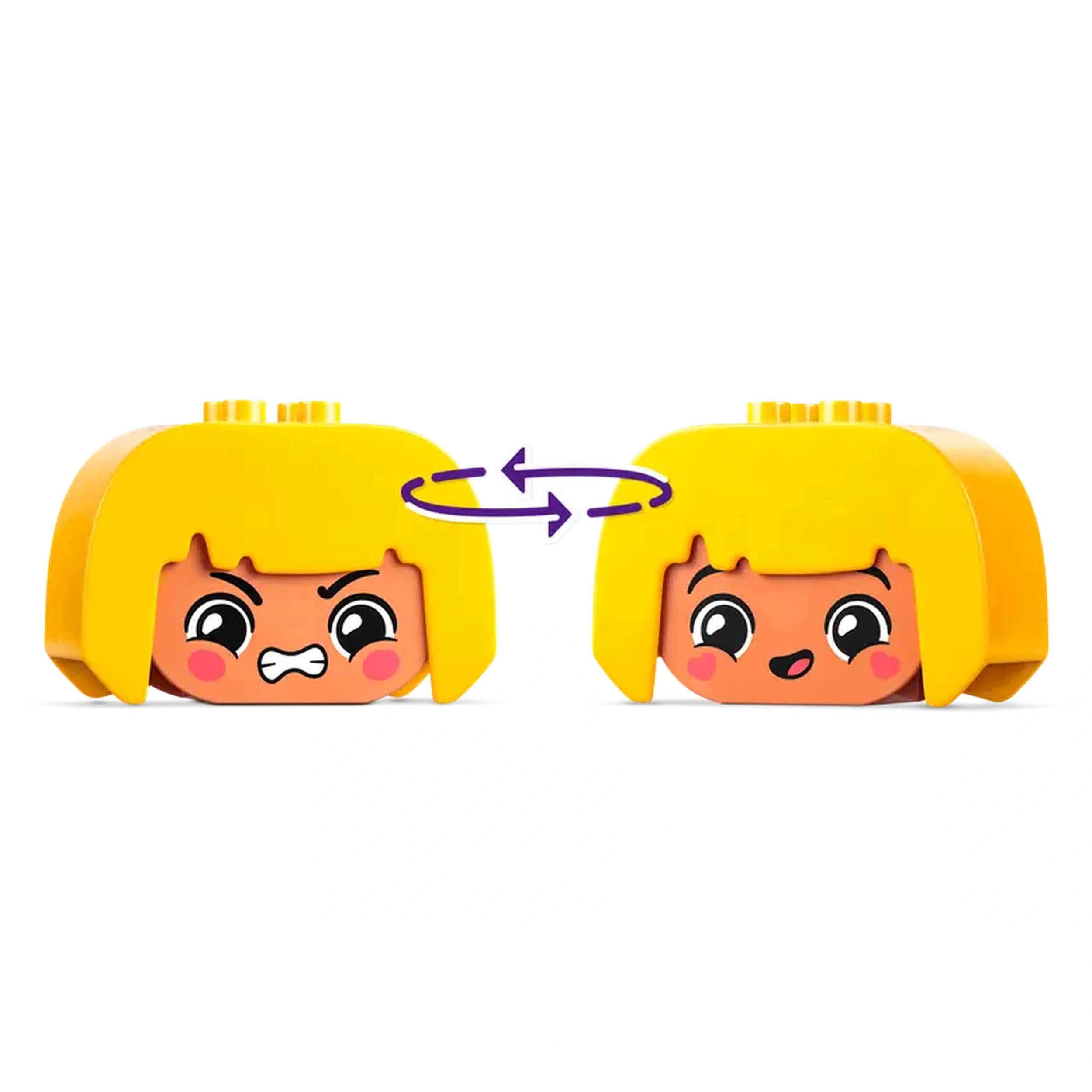 Two LEGO® DUPLO® character heads with interchangeable facial expressions, one showing anger and the other happiness, against a white background.
