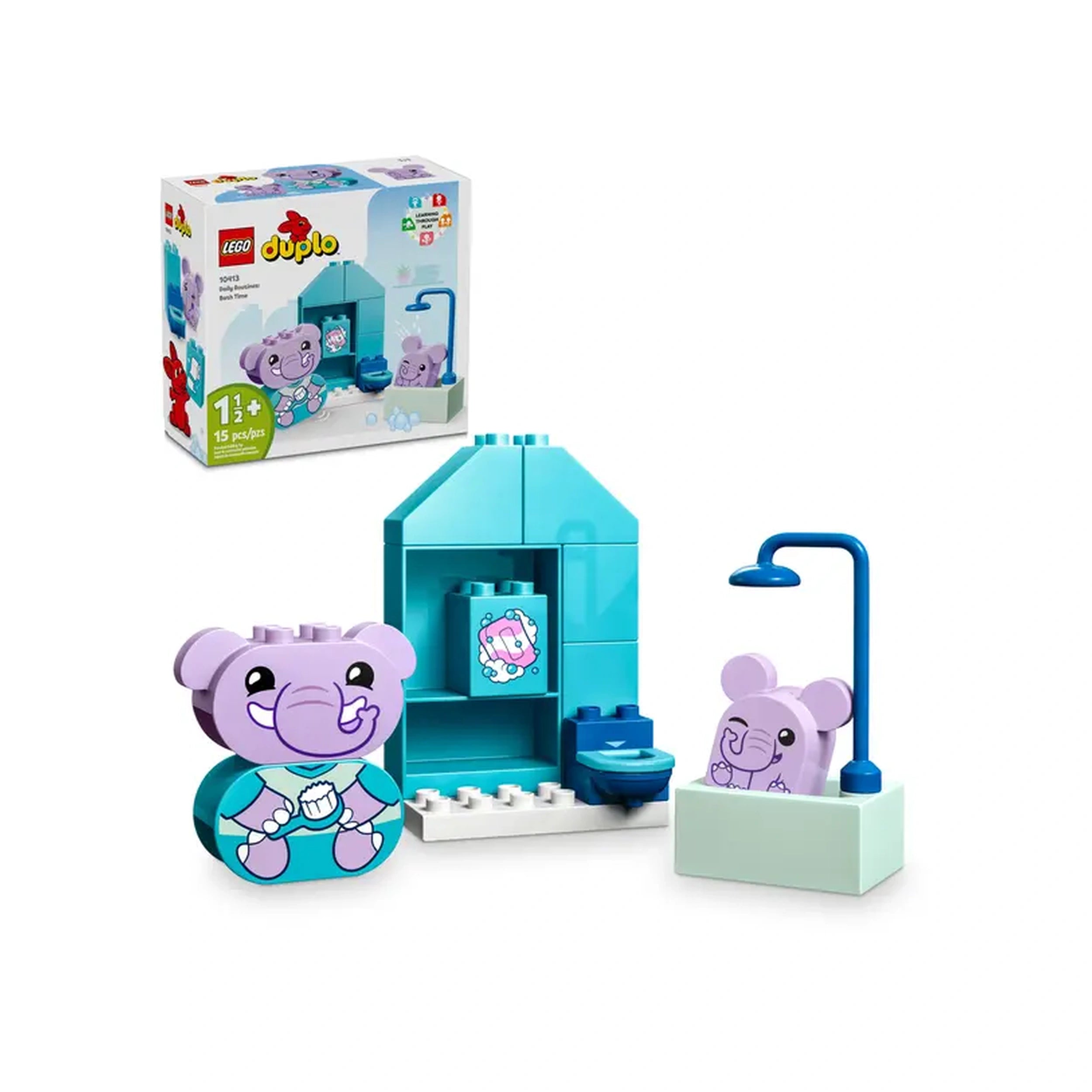 LEGO® DUPLO® My First Daily Routines: Bath Time set featuring two colorful elephant figures, a bath, shower, and toilet, ideal for imaginative play.