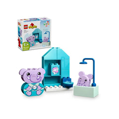 LEGO® DUPLO® My First Daily Routines: Bath Time set featuring two colorful elephant figures, a bath, shower, and toilet, ideal for imaginative play.