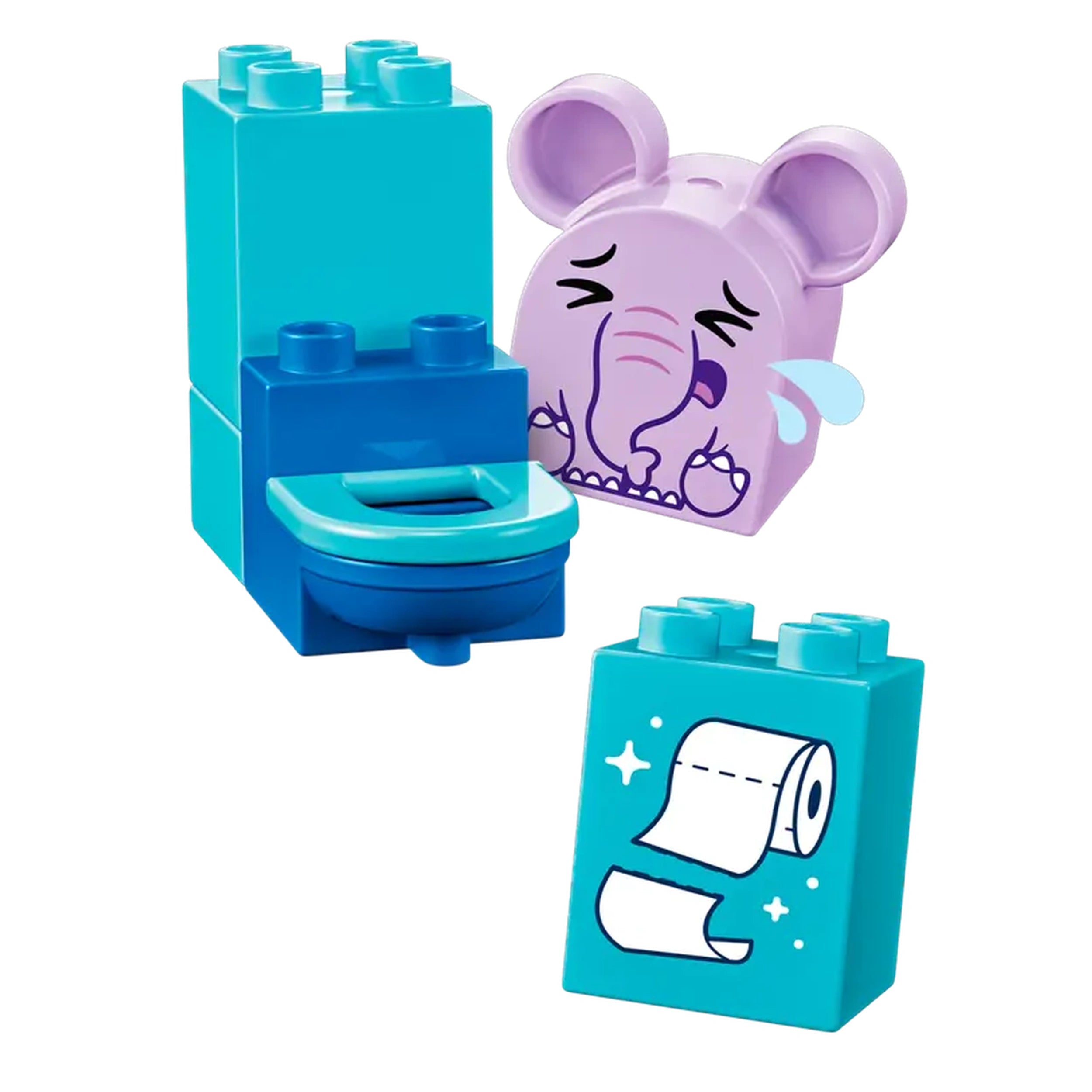 LEGO® DUPLO® bath time set featuring a blue toilet block, a purple elephant figure with a sad expression, and a toilet paper block.
