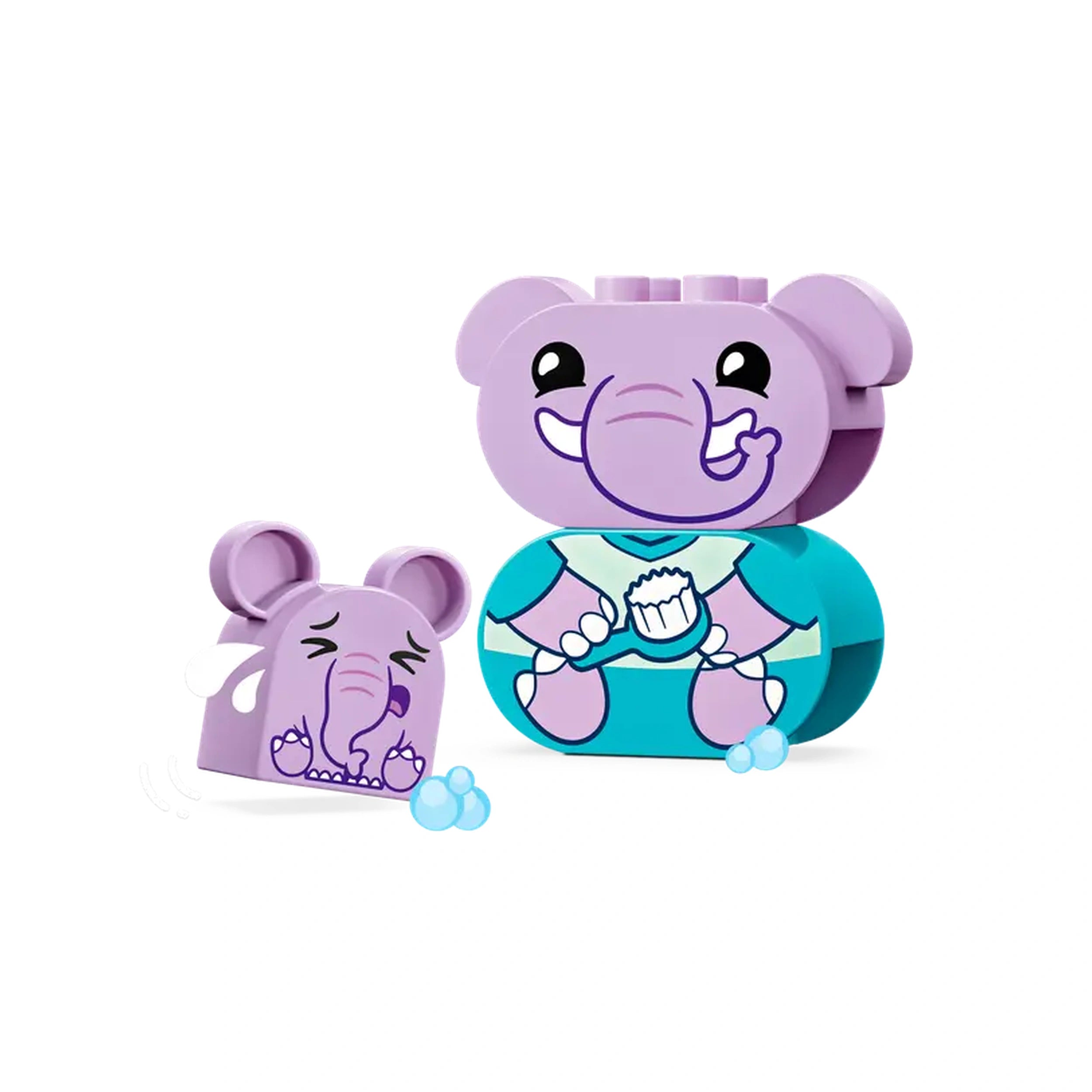 Two colorful LEGO® DUPLO® elephant figures, one larger in a blue bath outfit holding a scrub brush, and a smaller one showing an expressive face with tears and soap bubbles.