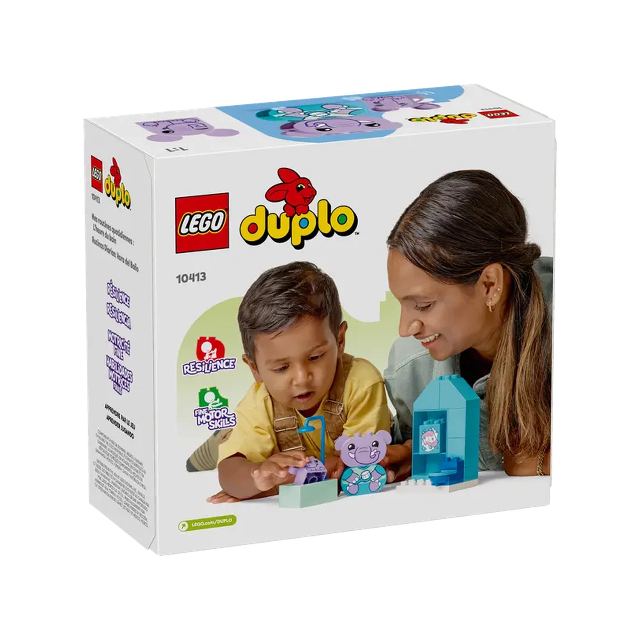 Child playing with LEGO® DUPLO® Bath Time set, featuring a smiling adult and colorful animal figures in a cheerful setting.