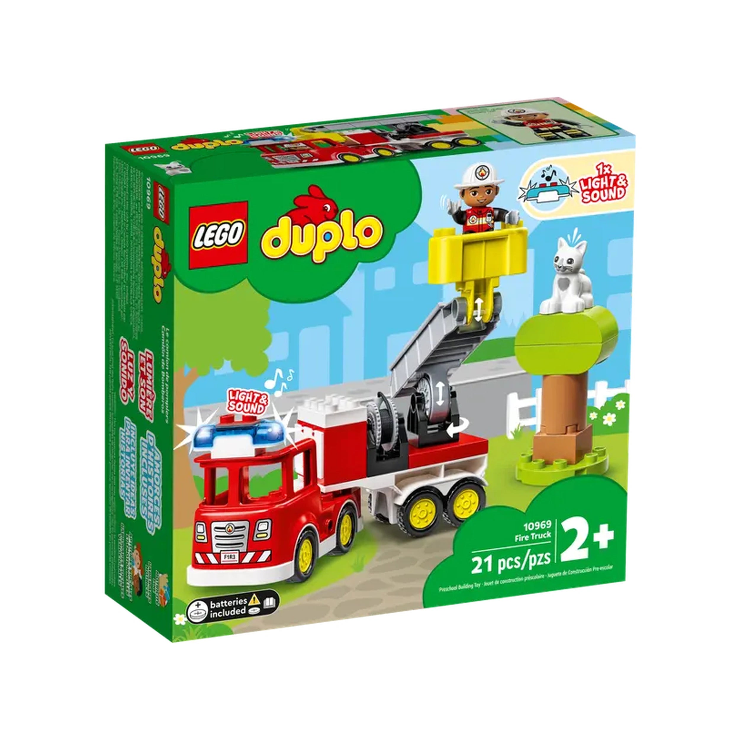 LEGO® DUPLO® Rescue Fire Truck construction set box featuring a red fire truck, a movable ladder, a child figure, and a tree with a cat.