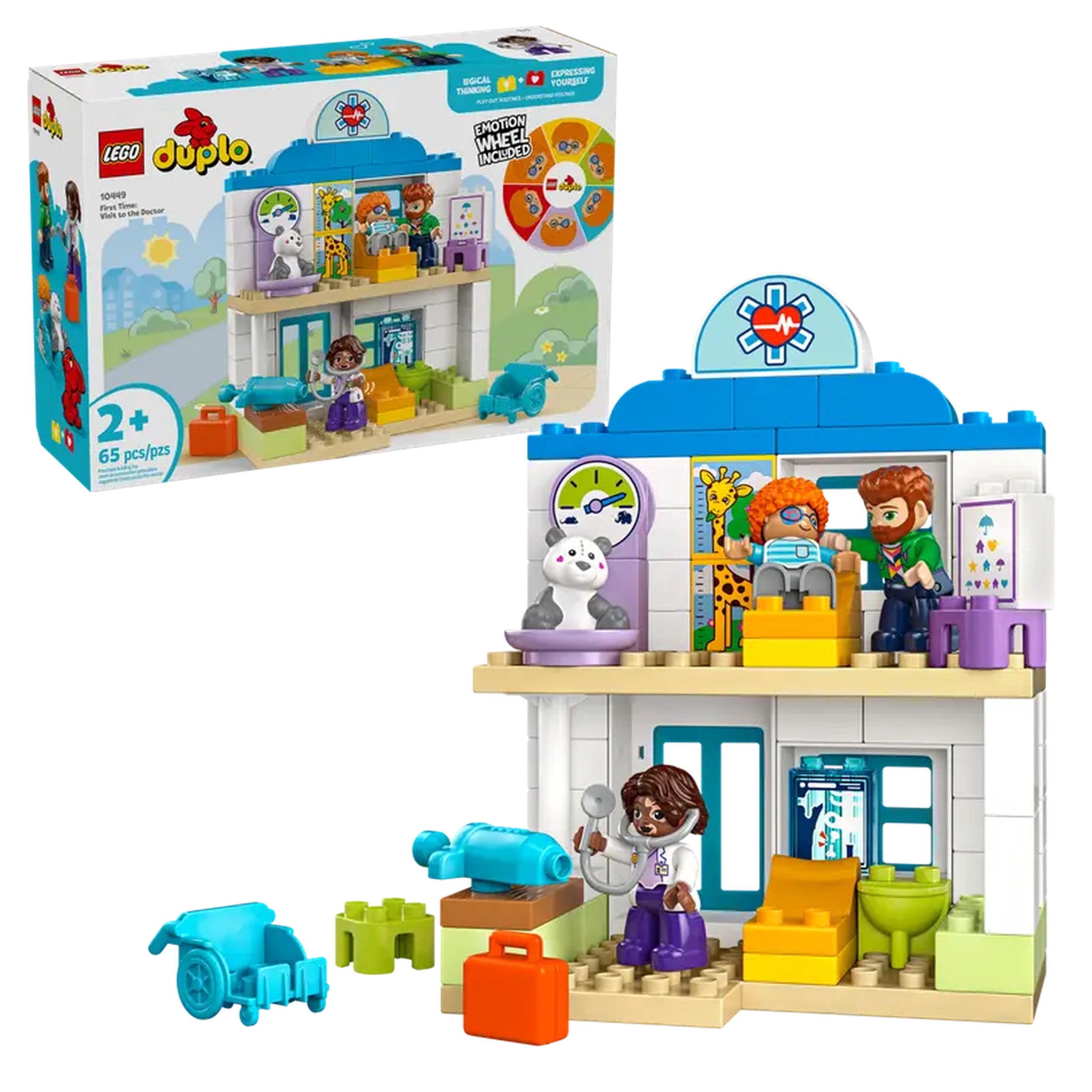 Colorful LEGO® DUPLO® hospital playset featuring a two-story structure, four characters, a medical cart, and various props for imaginative play.