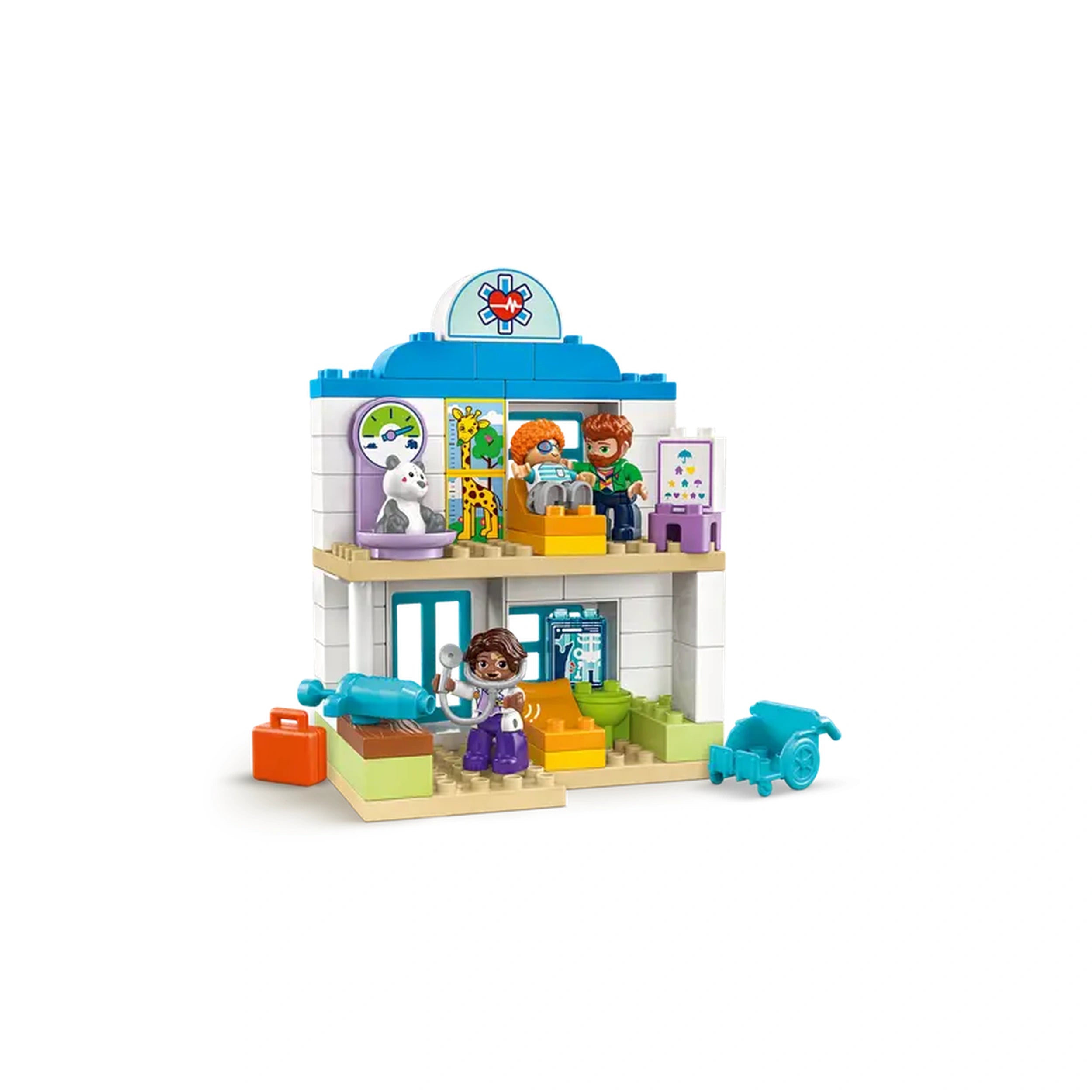 Two-story colorful hospital playset with four figures: a doctor, a child, and a teddy bear, plus interactive props for imaginative play.