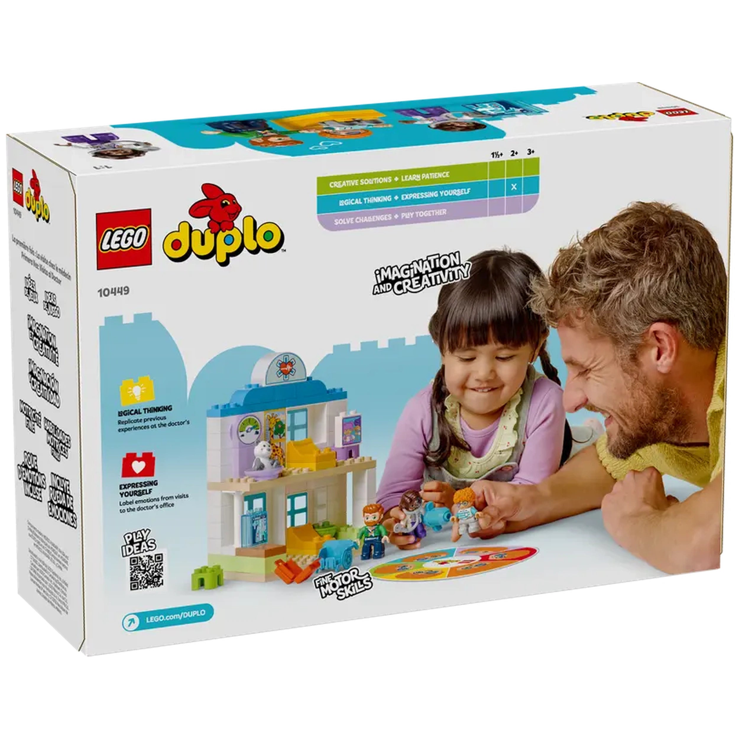 A smiling father and daughter interact with the LEGO® DUPLO® Town First Time: Visit to the Doctor playset, featuring a colorful hospital and figurines.