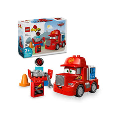 LEGO® DUPLO® Mack at the Race set includes a vibrant red Mack truck, a brick-built tuning station, and tools.