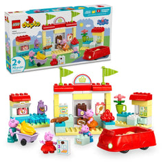 LEGO® DUPLO® Peppa Pig Supermarket set featuring colorful building blocks, Peppa and George figures, and a red toy car.
