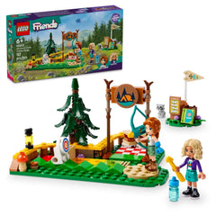 LEGO® Friends Adventure Camp Archery Range set featuring mini-dolls Autumn and Nova in a vibrant outdoor scene, complete with a tree, bow, and target.