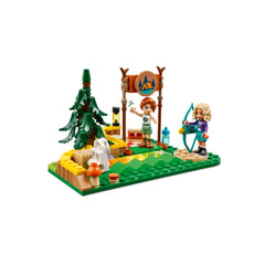 LEGO® Friends Adventure Camp Archery Range set featuring two mini-dolls, Autumn and Nova, in a vibrant outdoor scene with a tree, target, and archery equipment.