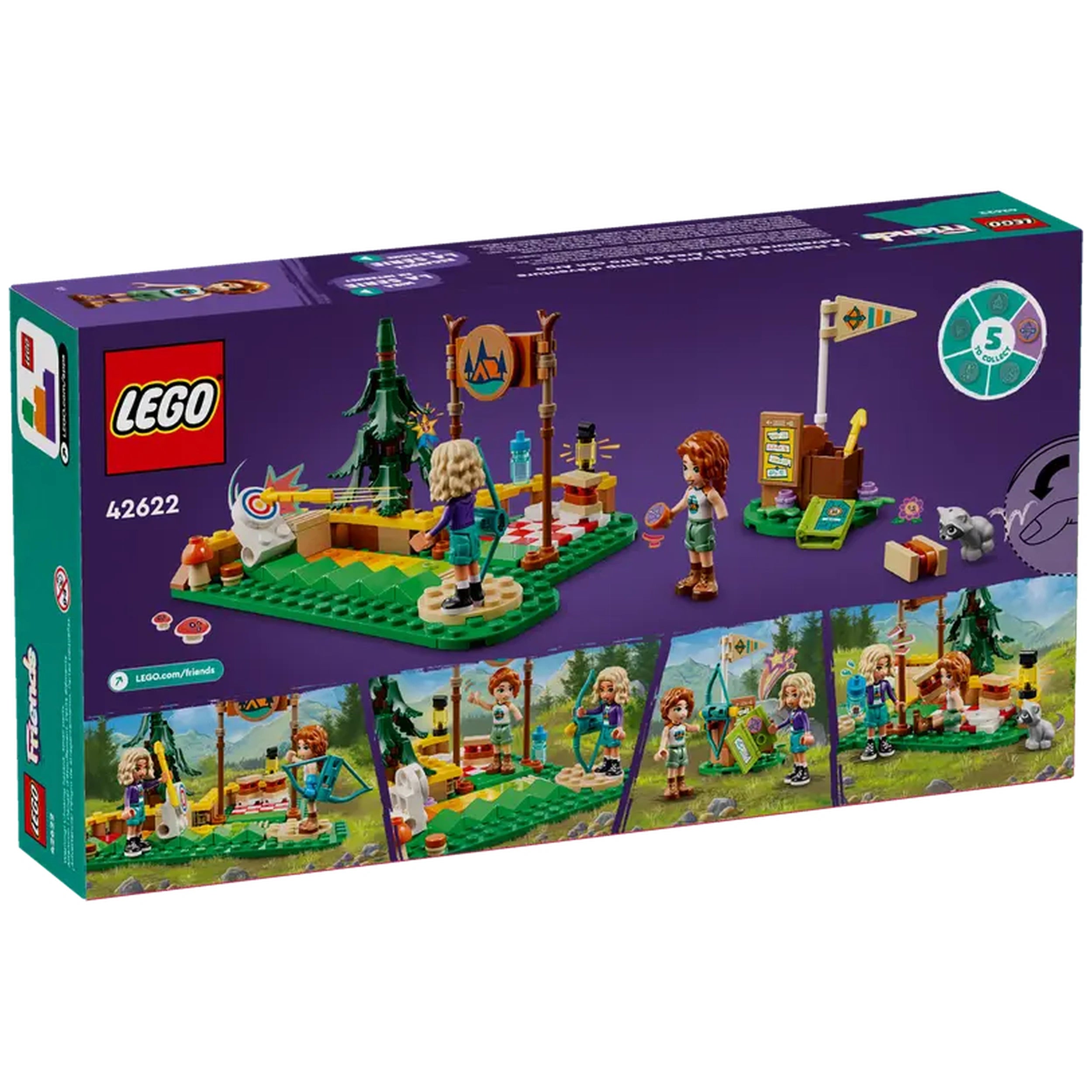 LEGO® Friends Adventure Camp Archery Range set featuring two mini-dolls, Autumn and Nova, a raccoon figure, and vibrant camp details.