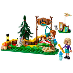 LEGO® Friends Adventure Camp Archery Range set featuring two mini-dolls, Autumn and Nova, with an archery target, a raccoon, and vibrant outdoor elements.