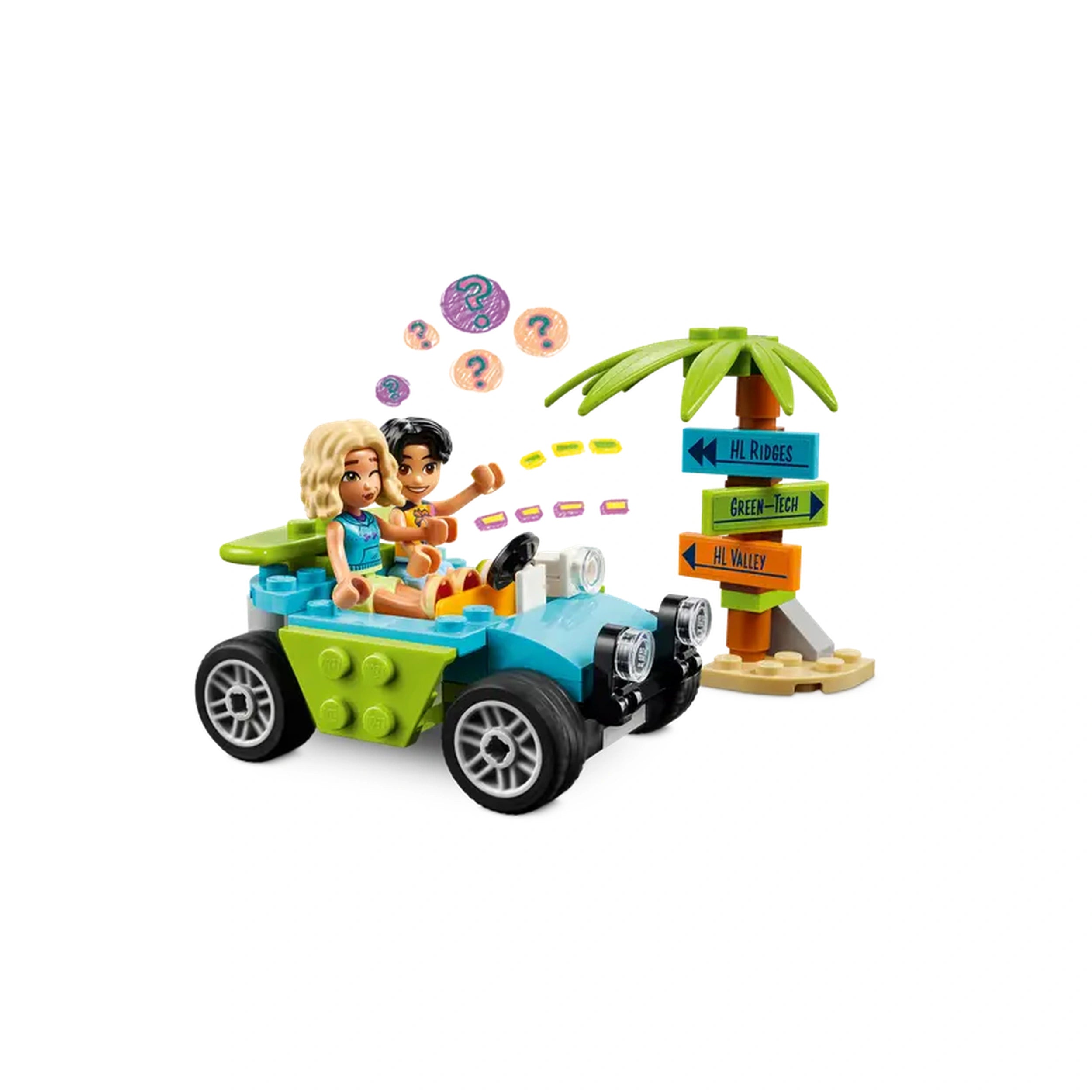 Two LEGO mini-dolls, one with blonde hair and the other with dark hair, smile while sitting in a colorful beach buggy. Behind them is a palm tree with directional signs pointing to "HL Ridged," "Green-Tech," and "HL Valley," accompanied by colorful smoothie ingredients hovering above.