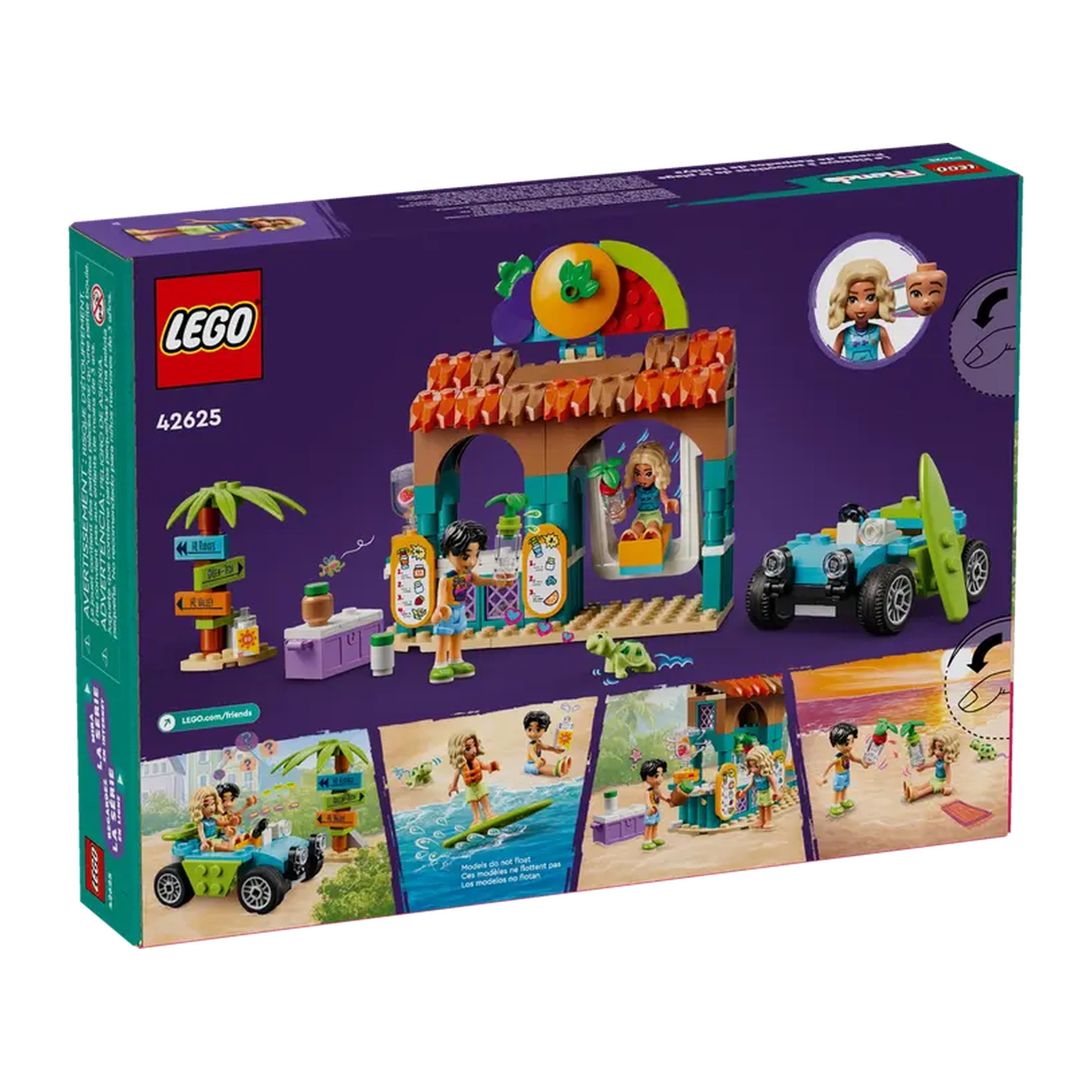 Colorful LEGO Friends Beach Smoothie Stand set featuring a buildable smoothie stall, mini-dolls, and a beach buggy surrounded by tropical elements.