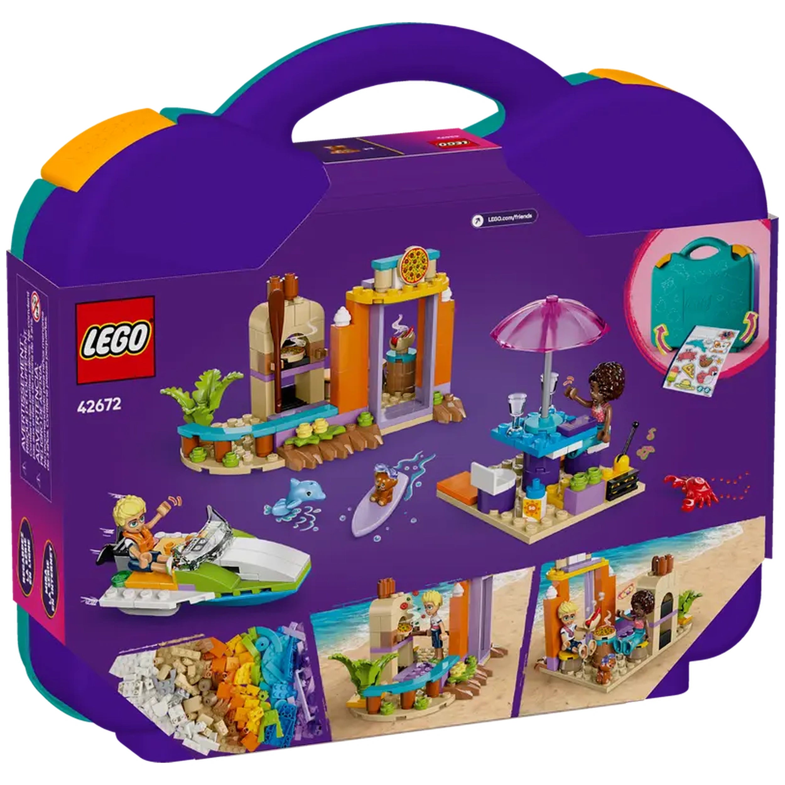 Colorful LEGO® Friends Creative Beach and Travel Suitcase set featuring a seaplane, café, and beach scenes alongside playful minifigures and accessories.