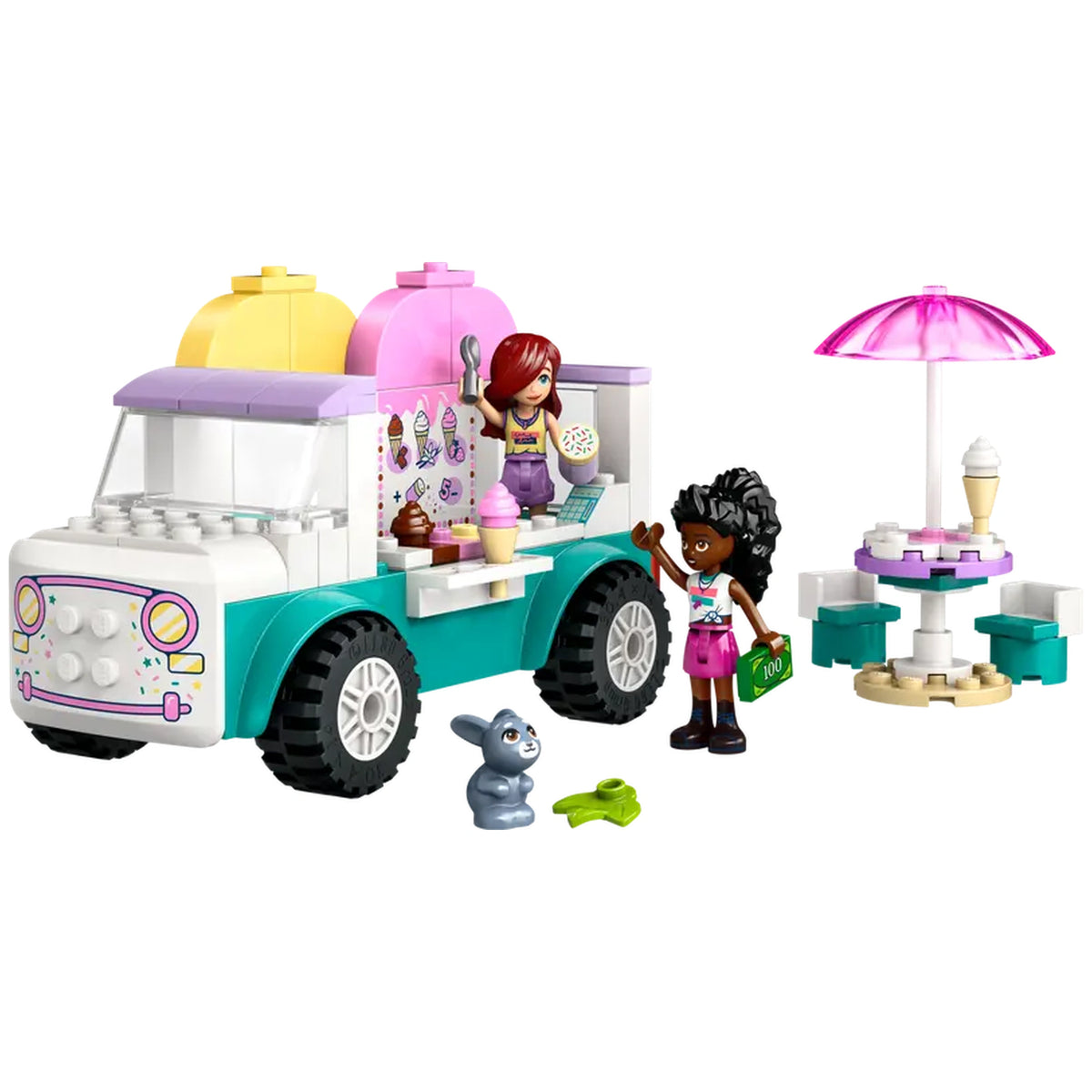 Colorful LEGO® Friends Heartlake City Ice Cream Truck with two minidolls serving ice cream, a cute bunny figure, and a patio table with an umbrella.