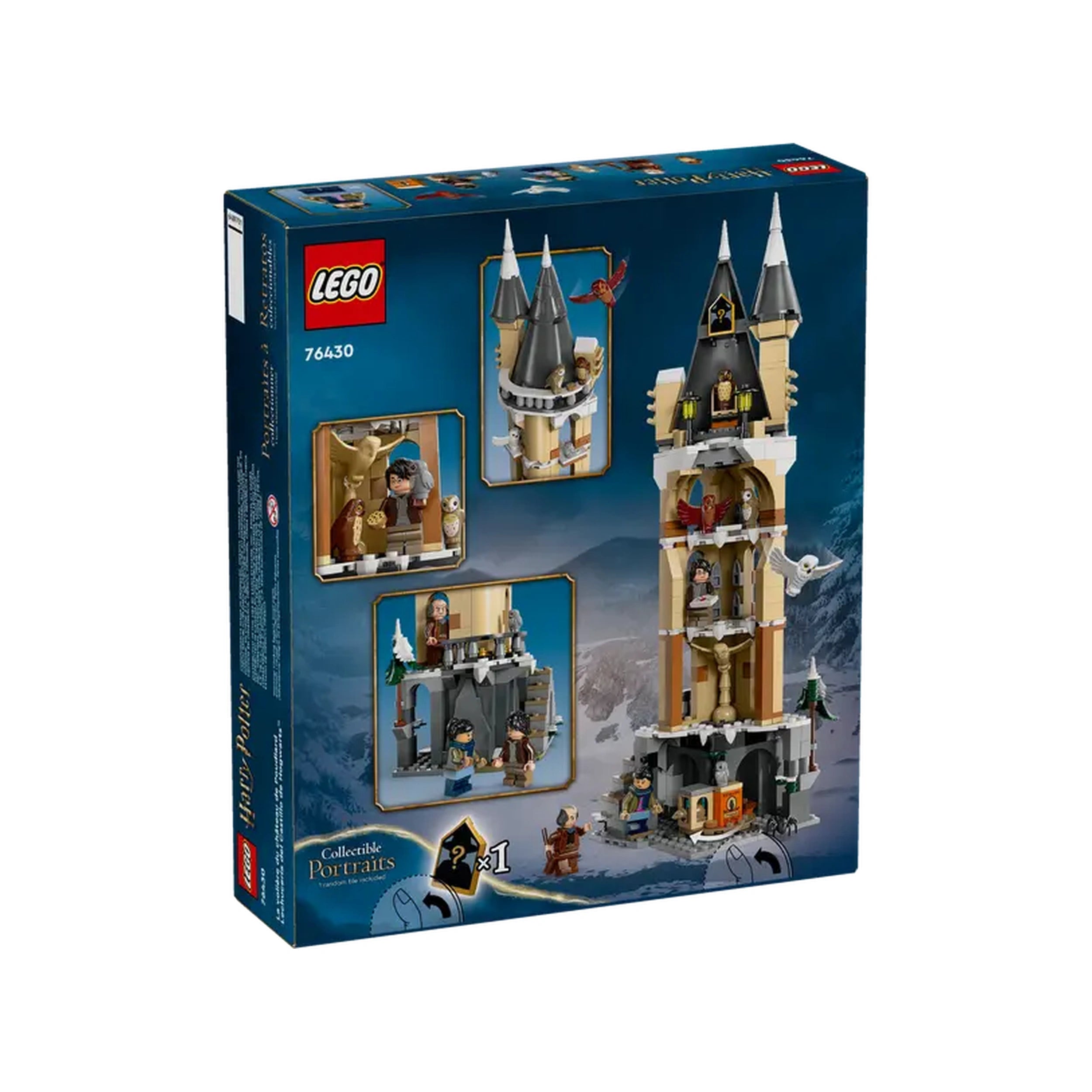 LEGO Harry Potter Hogwarts Castle Owlery construction set box featuring the intricately designed tower, collectible portraits, and various scenes from the Wizarding World.