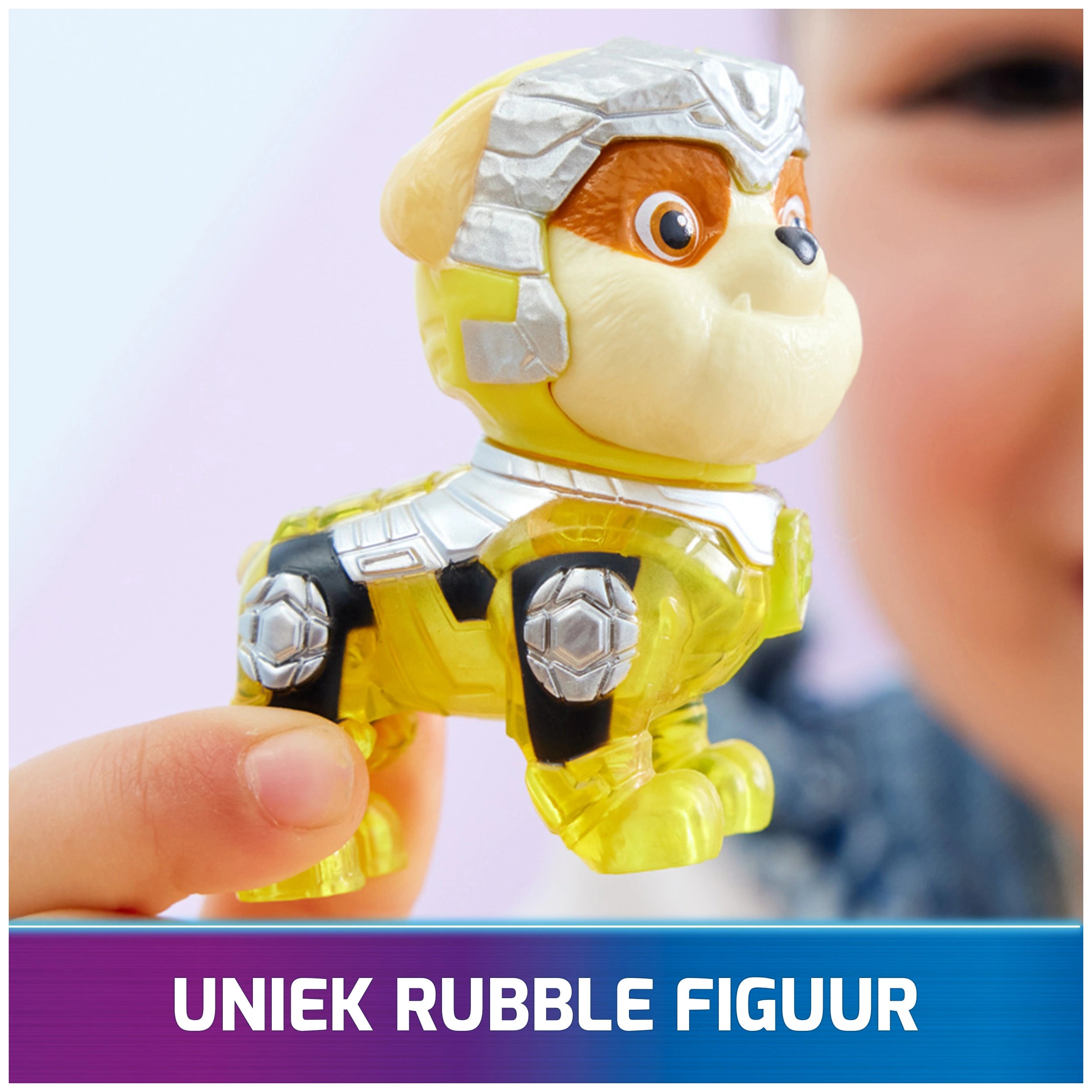 Paw Patrol La Película Poderosa Camión de Construcción con Figura de Acción Rubble Mighty Pups con Luces y Sonidos