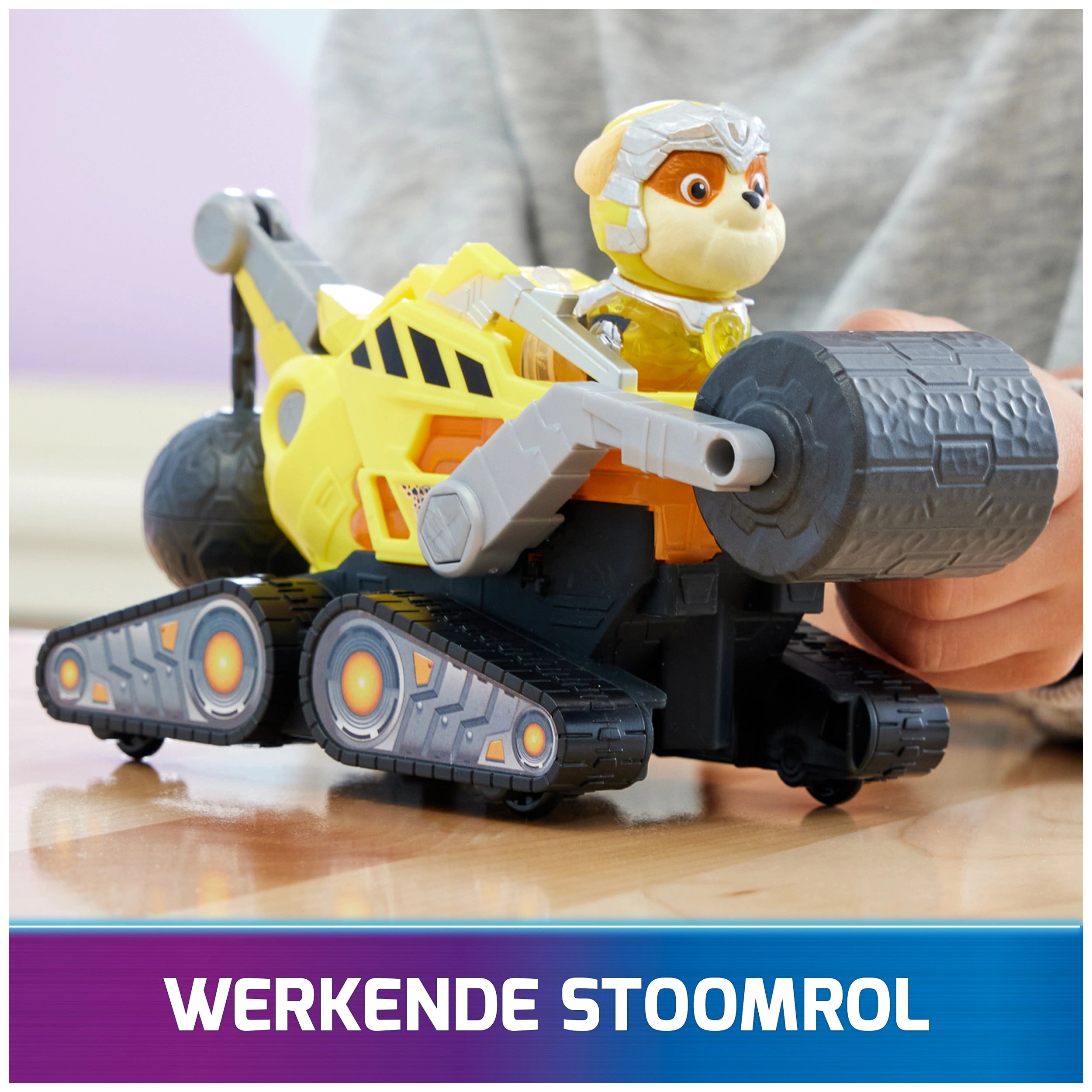 Paw Patrol La Película Poderosa Camión de Construcción con Figura de Acción Rubble Mighty Pups con Luces y Sonidos