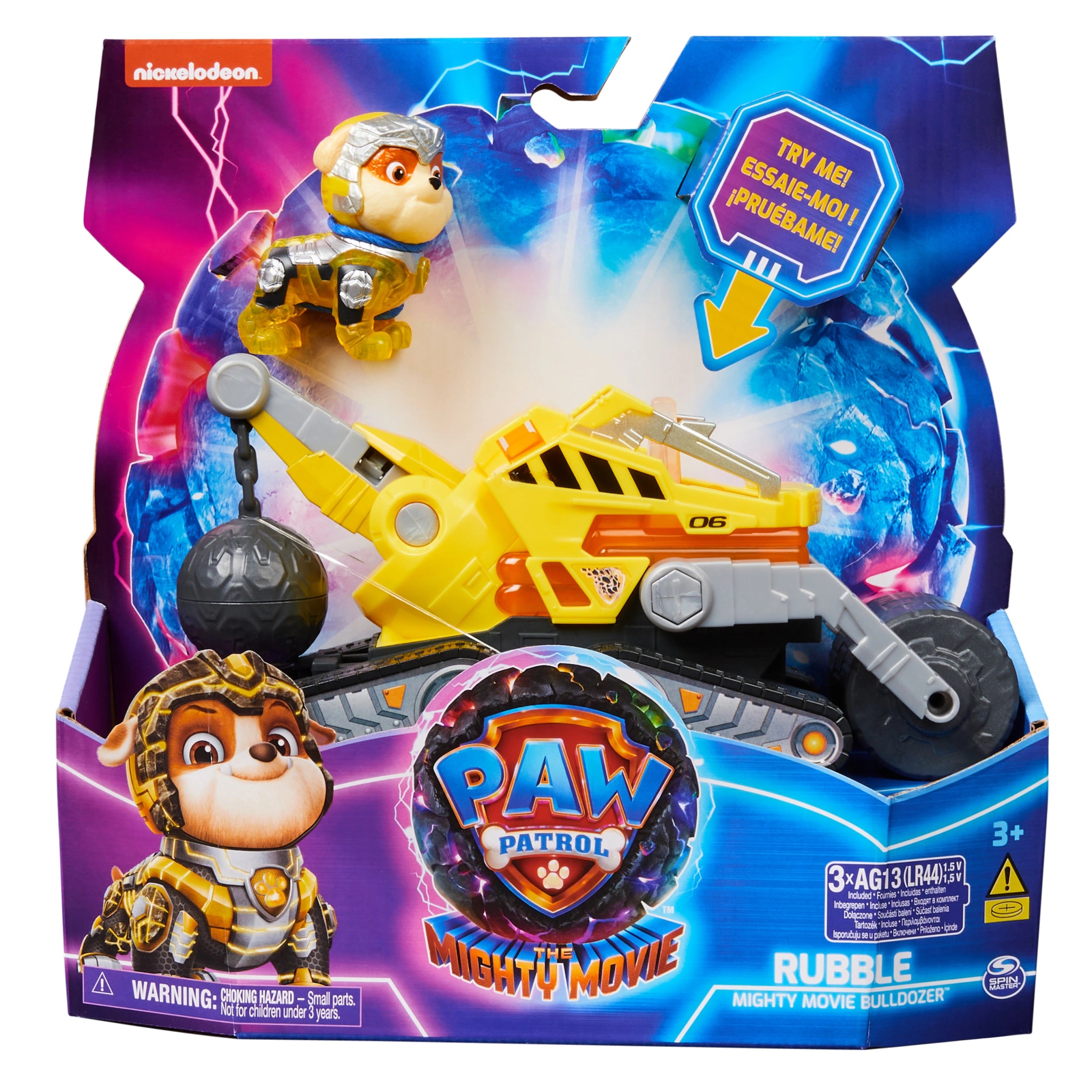 Paw Patrol La Película Poderosa Camión de Construcción con Figura de Acción Rubble Mighty Pups con Luces y Sonidos
