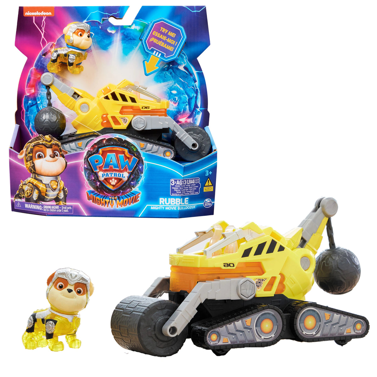 Paw Patrol La Película Poderosa Camión de Construcción con Figura de Acción Rubble Mighty Pups con Luces y Sonidos