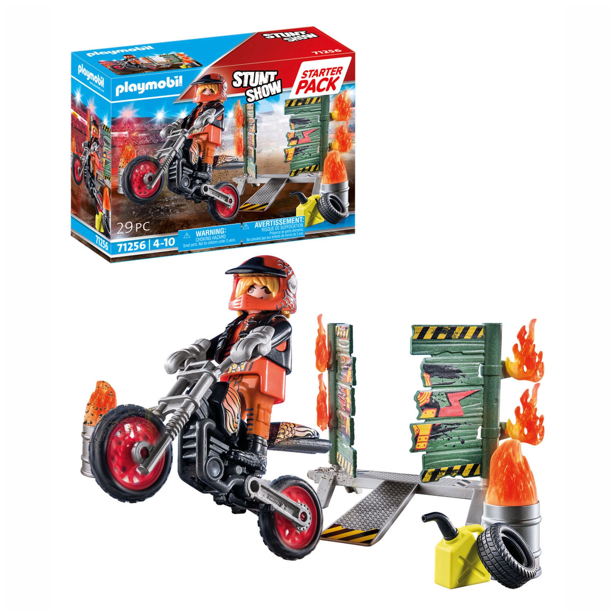 Playmobil Starter Pack Stunt Show Motorcycle With Fire Wall - 71256