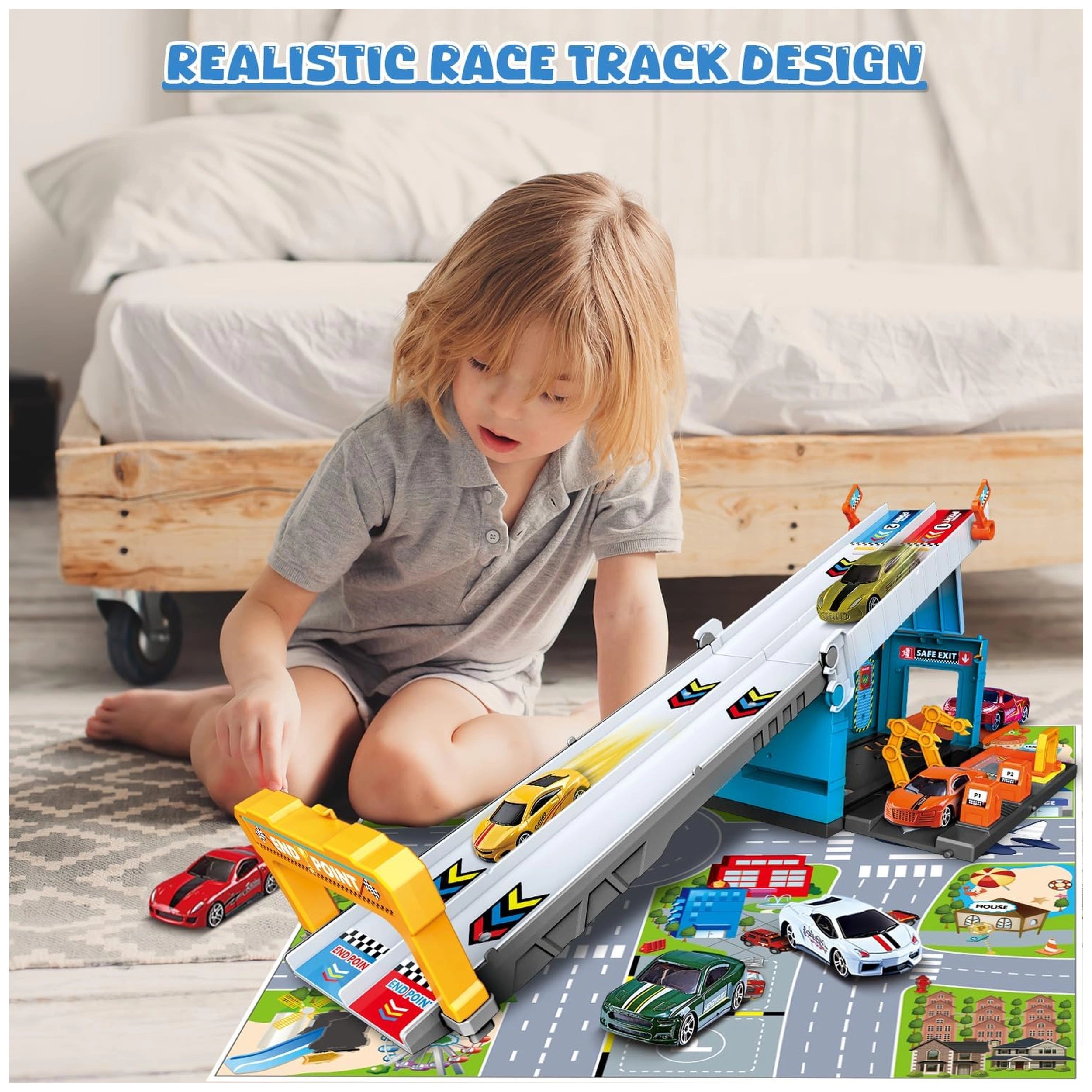 RS Toys - Pista Pit Stop 2 in 1 Portable Garage and Launcher Track - Play Vehicles