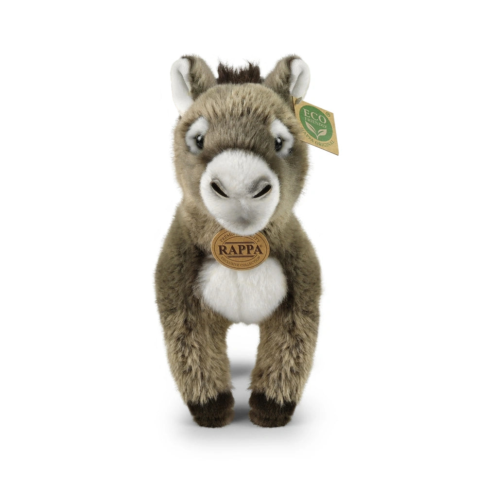 Exclusive eco-friendly plush donkey in brown with white markings, standing upright against a plain white background.