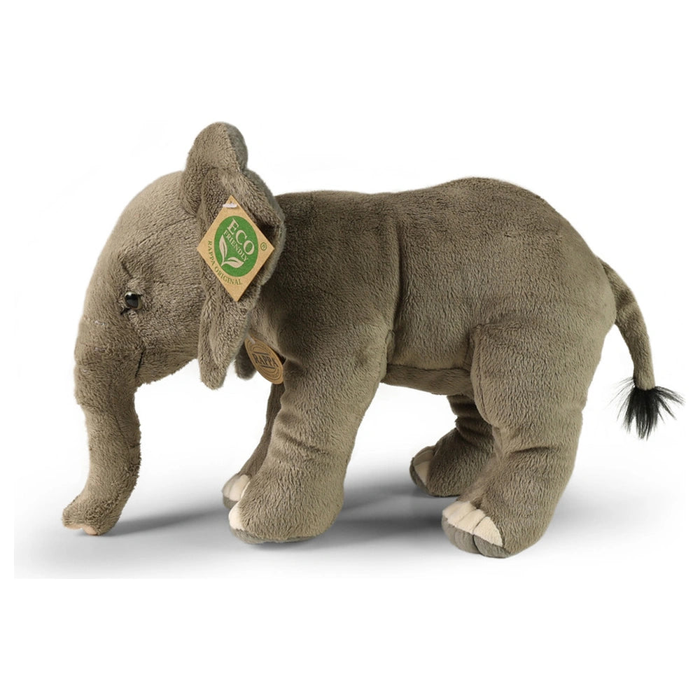 Exclusive eco-friendly plush elephant in light gray with darker ears, featuring a green leaf tag, standing upright.