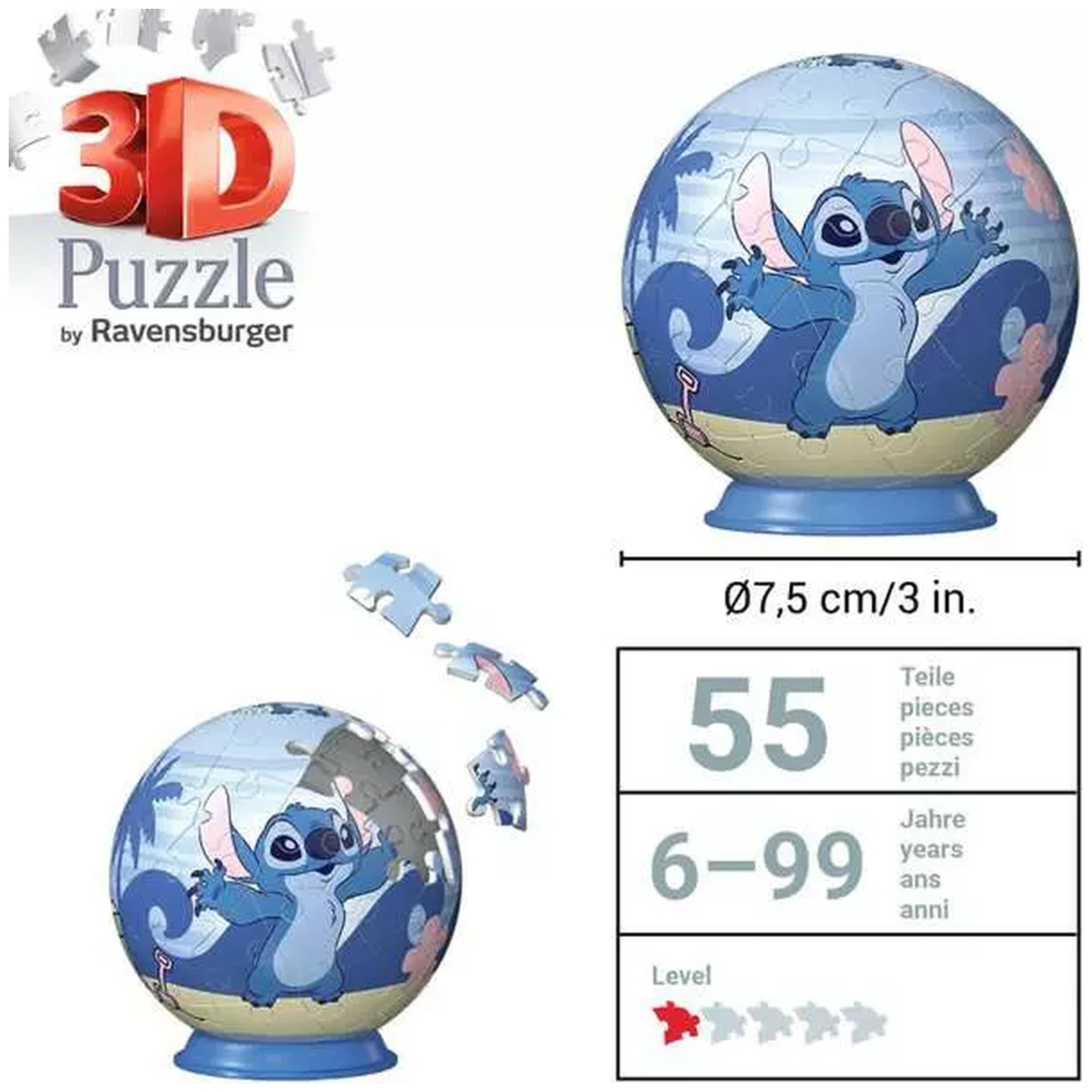 Ravensburger - Puzzle 3D Bola - Figuras de Acción de Disney Stitch