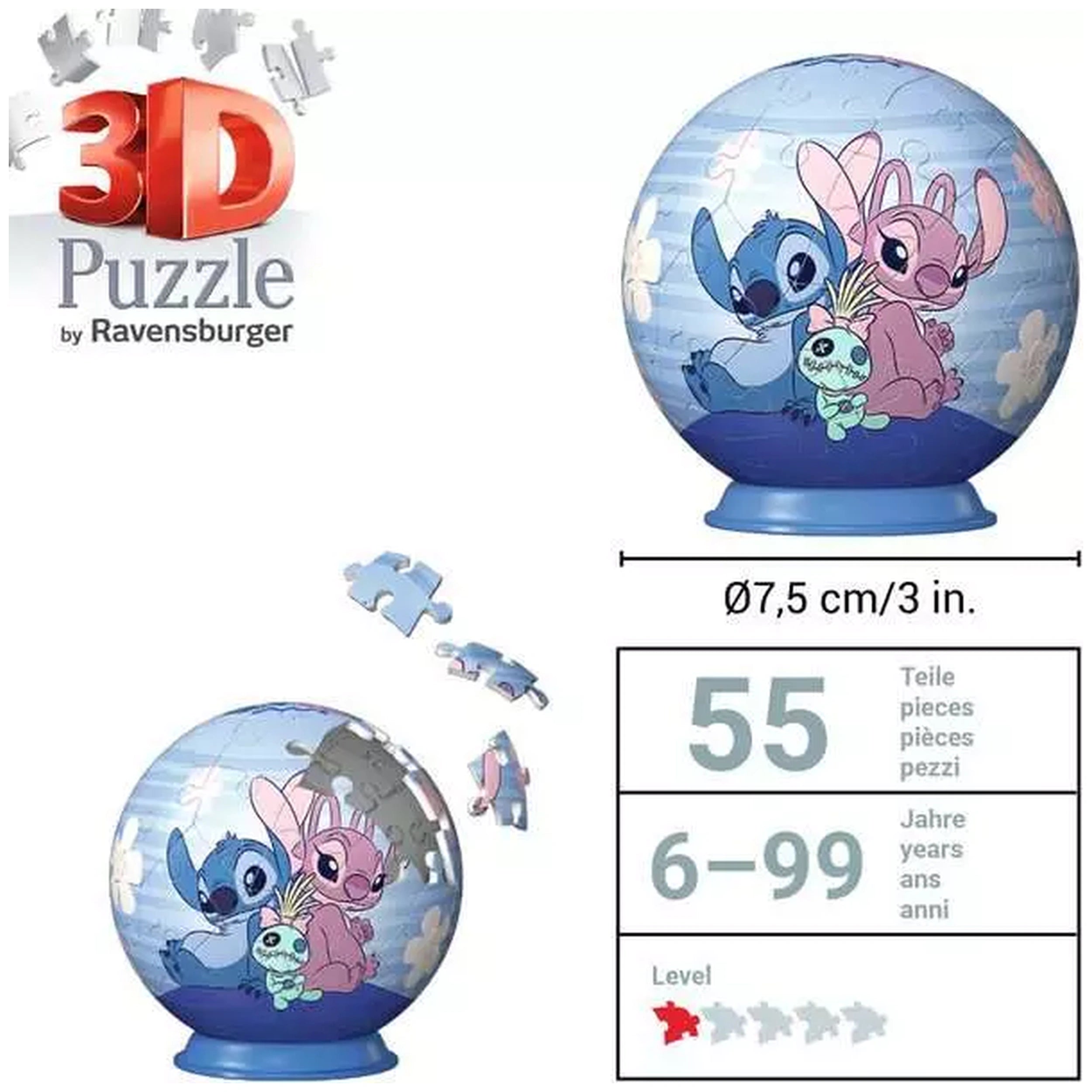 Ravensburger - Puzzle 3D Bola - Disney - Stitch - Angel - Figuras de Acción