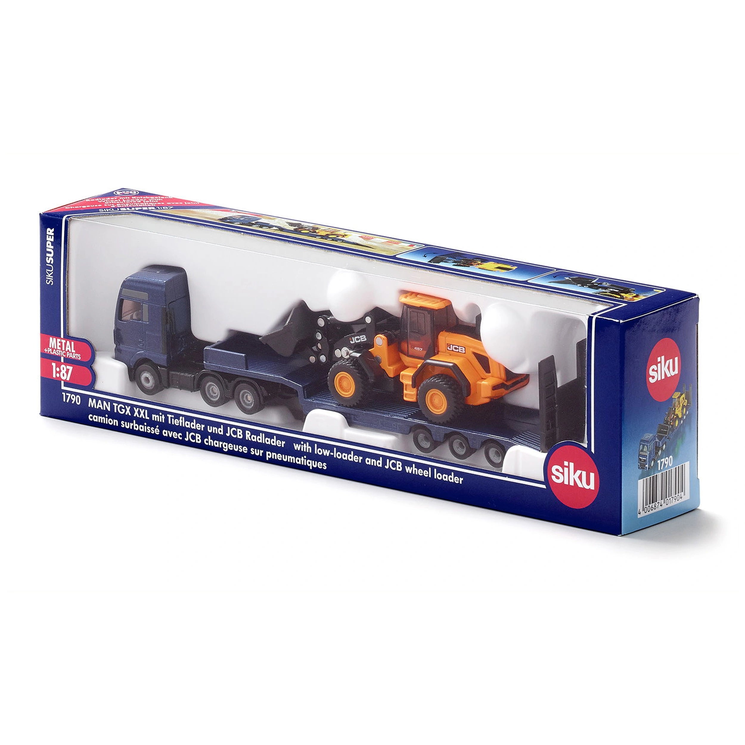 Siku - Camión MAN con remolque bajo y cargadora de ruedas JCB - Vehículos de Juego