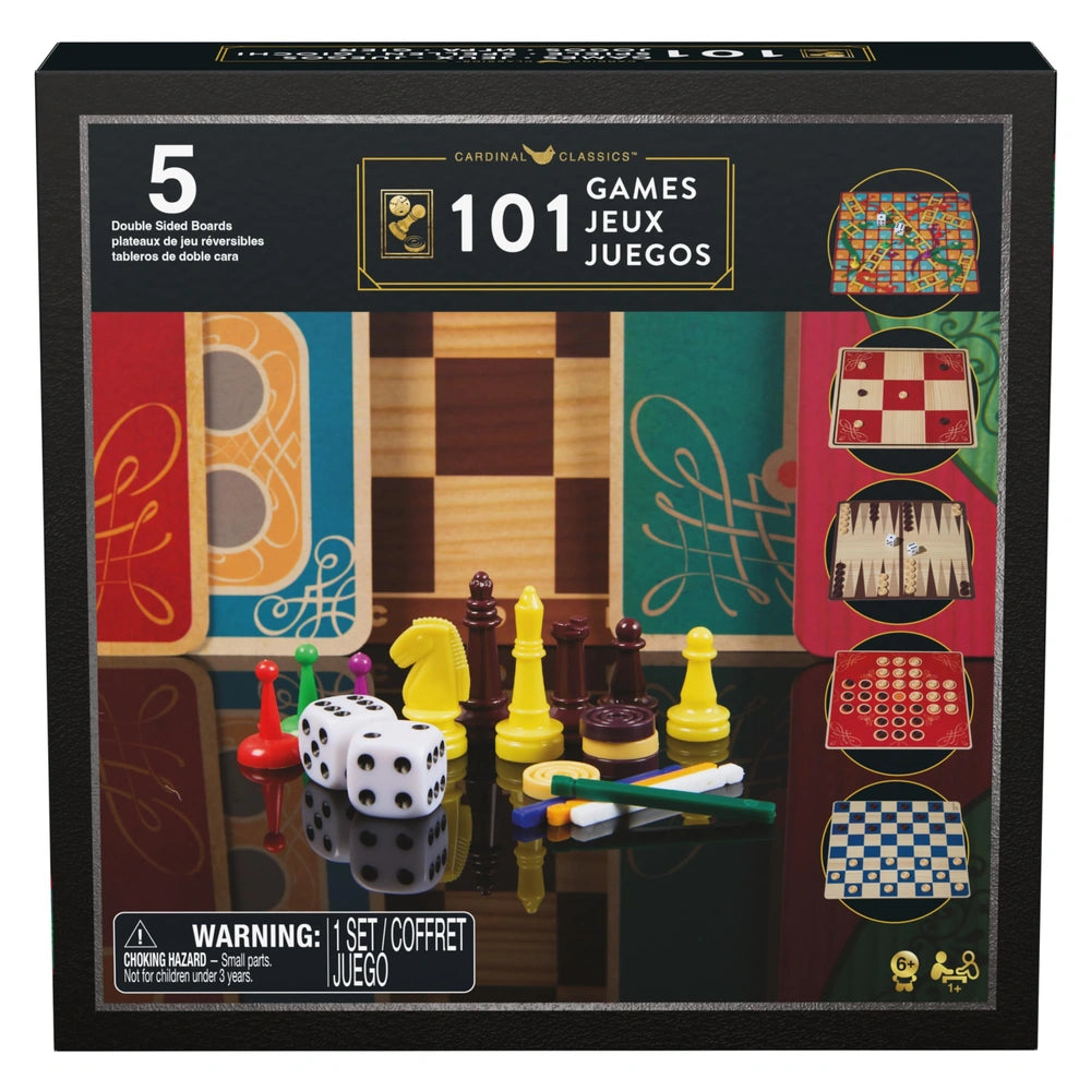 Spin Master Games - 101 Games Compendium Set for Kids and Adults Ages 6 Years+ - 5 Double-Sided Board Game Compilation with Chess, Draughts, Backgammon, Ludo and 6 Dice