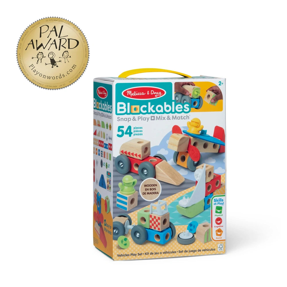 Spin Master - Melissa & Doug Blockables Vehicles Set for Kids Ages 2 Years+ - 54-Piece FSC-Certified Wooden Construction Toy with Connectors, Rolling Wheels, Felt Accessories and Play Guide