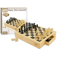 Teorema - Chess Checkers and Tria 3-in-1 Wooden Set - Board Games