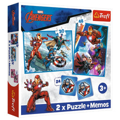 Trefl - 2 Puzzles in 1 + Memos - Avengers Heroes in the Action - Puzzle & Card Game Age +3 - TRF93333