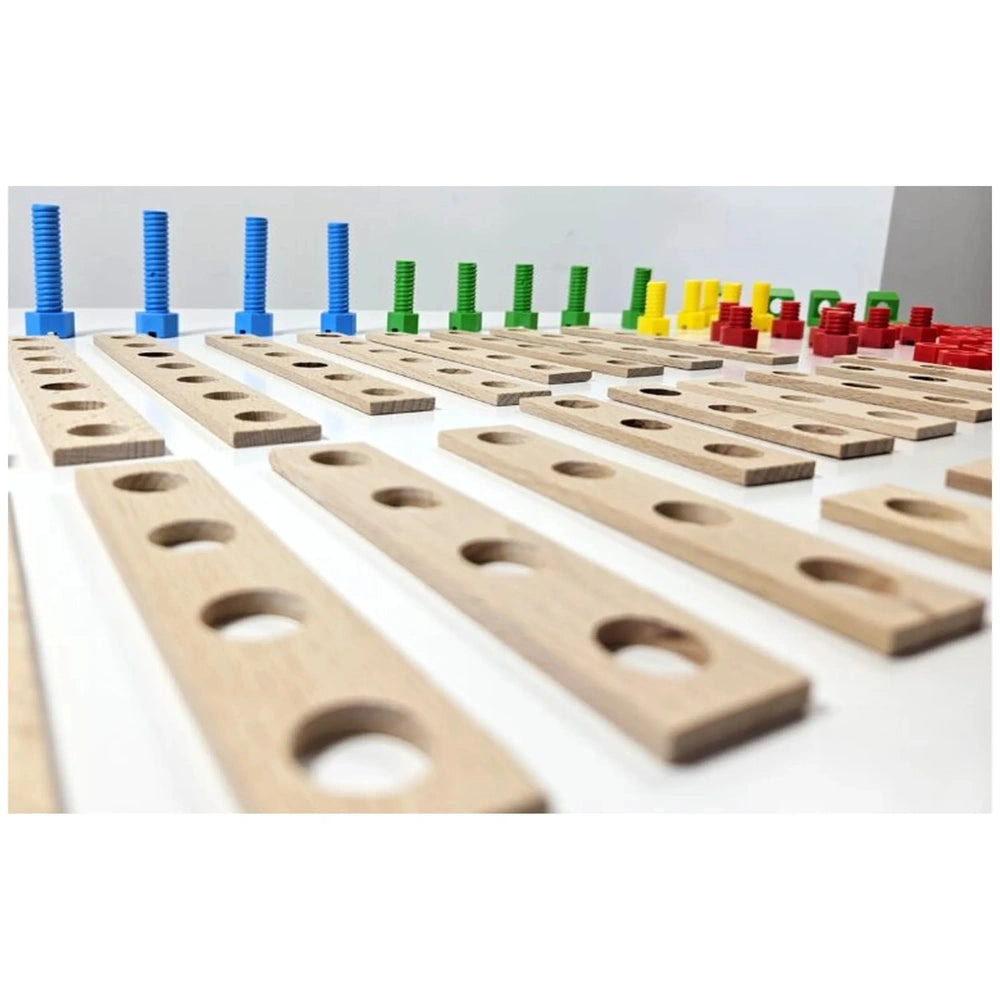 Wooden boards with holes and colorful screws from the Alexander Constructor Junior 50-piece set.