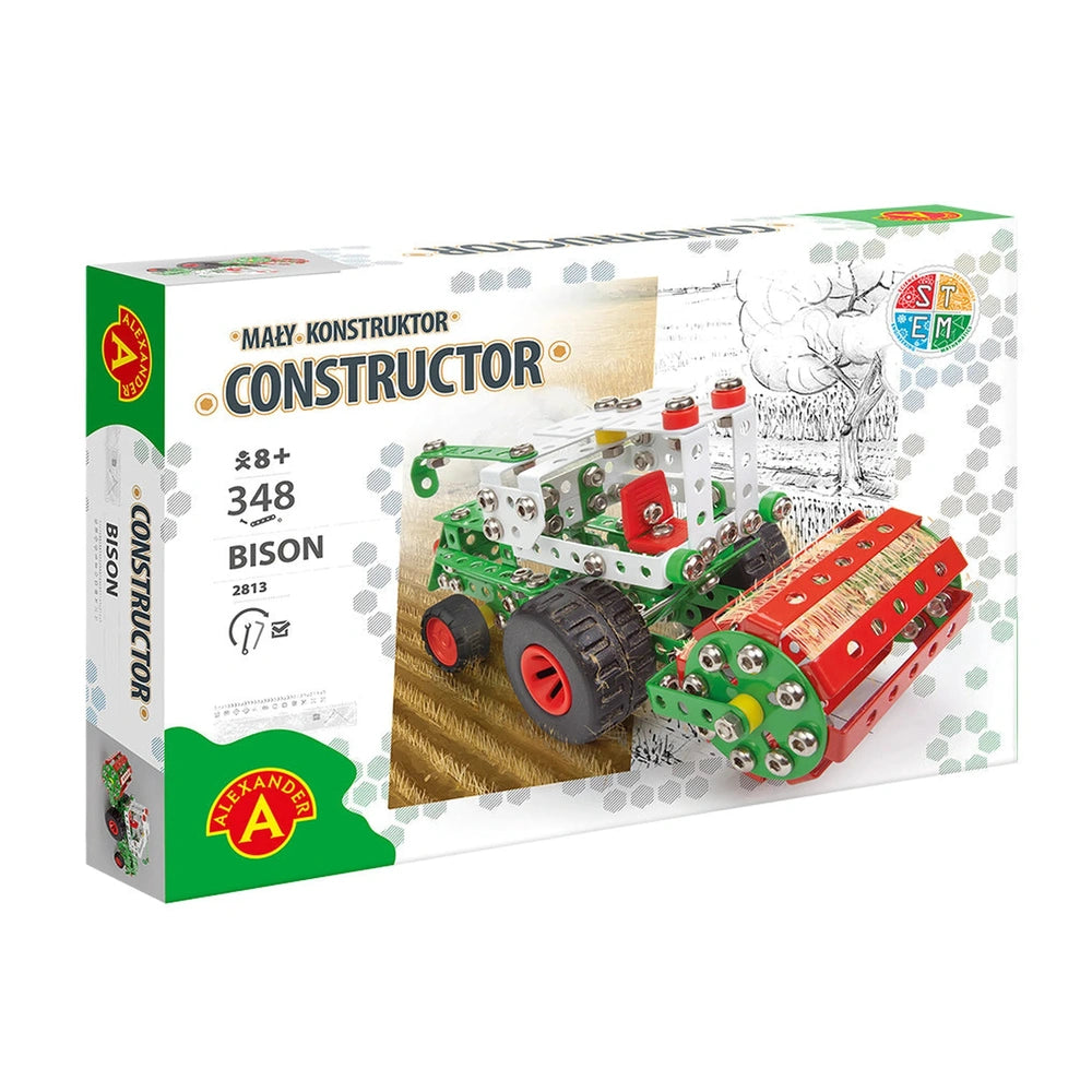 Alexander Constructor Bison Combine Harvester set box with green, white, and red assembled model shown.