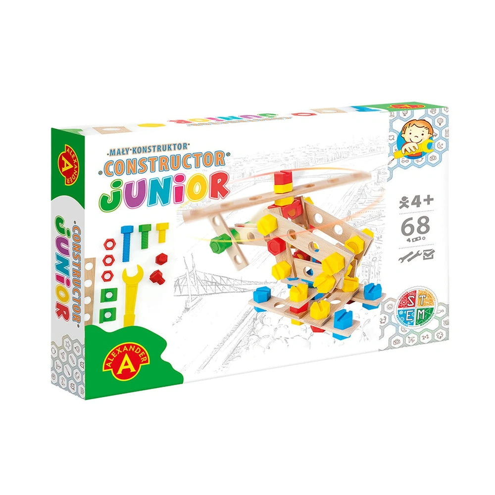 Alexander Constructor Junior Wooden Helicopter Set, 68 pieces, age 4+, colorful parts on box.