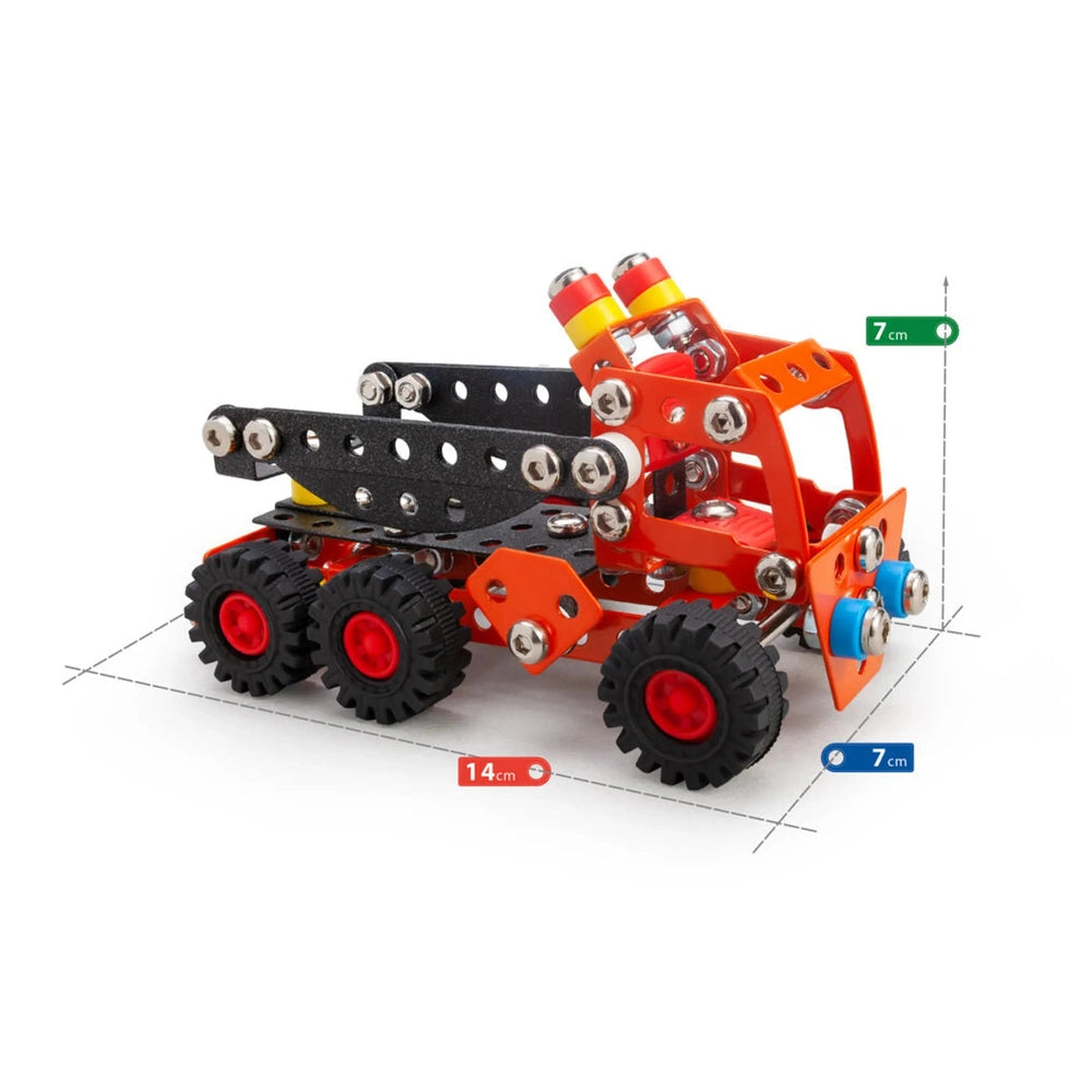 Orange and black construction toy truck with six wheels, metal plates, and plastic parts, measuring 14cm by 7cm.