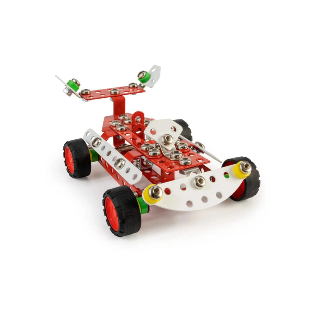 Red and white metal toy racecar with black wheels, from the Alexander Constructor Racer set.
