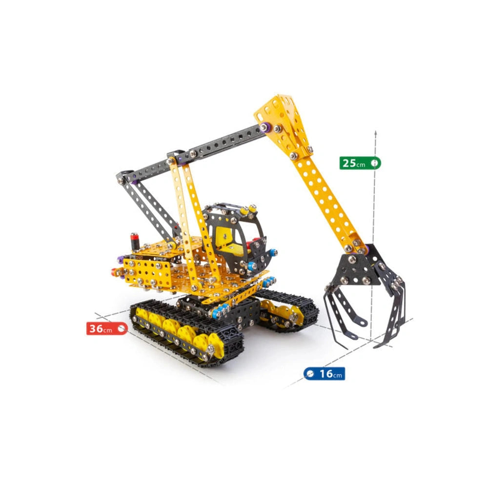Yellow and black toy excavator model with metal and plastic components. Measures 36 cm long, 25 cm high, and 16 cm wide.
