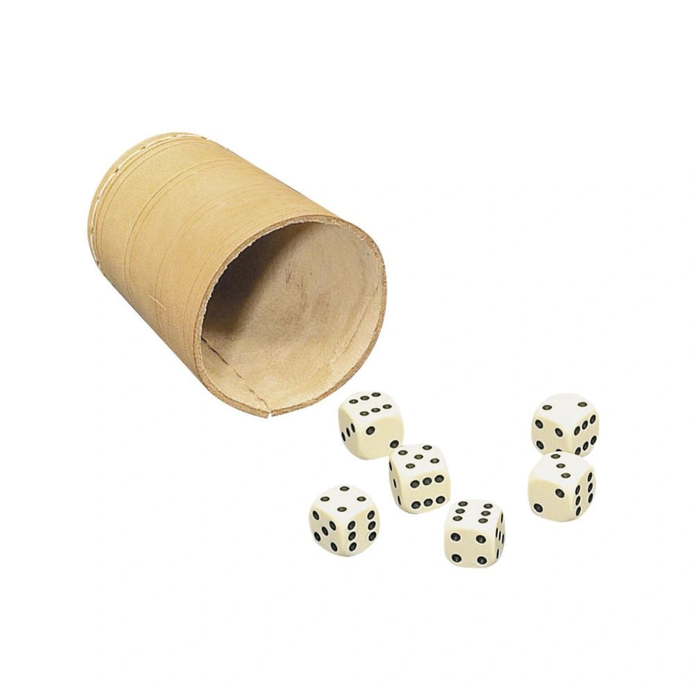 AMIGO Dice-Cup featuring an empty cylindrical container with scattered white dice on a white background.