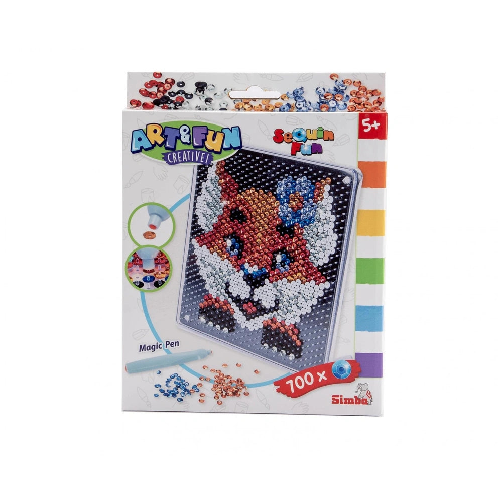Ammirate sequin craft kit features a pixelated fox design with colorful beads, showcased in a clear packaging window.