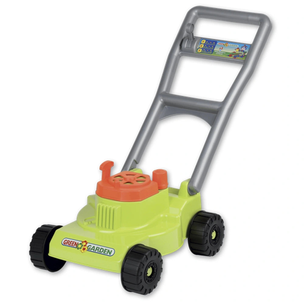 Bright green toy lawnmower with orange details and a simulation handle, designed for children's pretend play.
