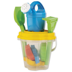 Transparent bucket with yellow lid, blue watering can, green shovel and rake, and colorful sand molds inside.